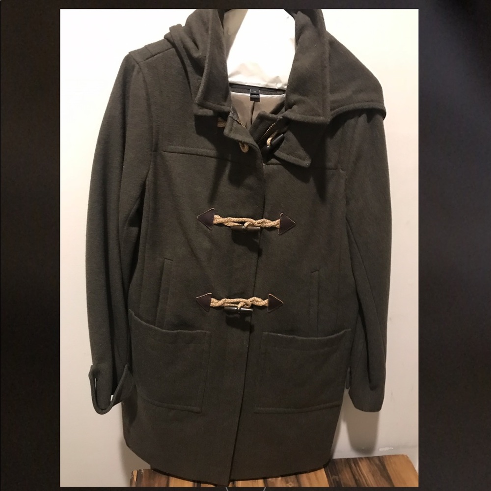 JCREW OLIVE GREEN WOOL CARCOAT WITH REMOVABLE HOOD